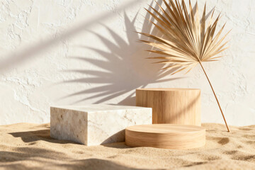 Elegant natural marble and wooden product podiums on warm sand with sunny palm leaf shadows, serene summer display.
