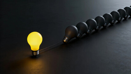 Bright yellow light bulb sparking a domino effect of dark bulbs, symbolizing innovation and the power of a single idea.