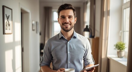 Handsome smiling businessman holding a coffee mug and a tablet in a modern home office.