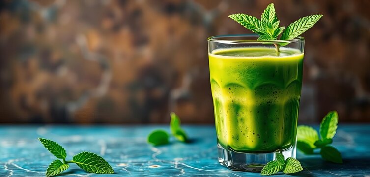 Vibrant green smoothie in glass, garnished with mint,   green,   superfood
