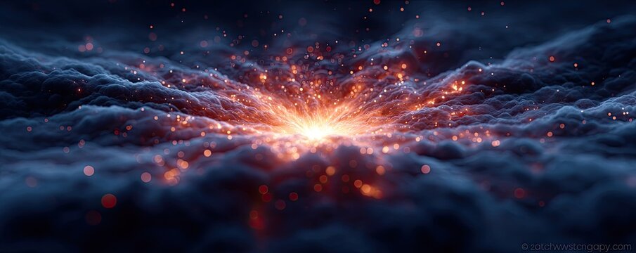 Fiery Abstract Explosion with Red and Orange Particles on Dark Blue Cloudy Background