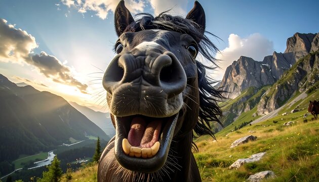 Smiling black horse close-up in a mountainous landscape at sunset - Powered by Adobe