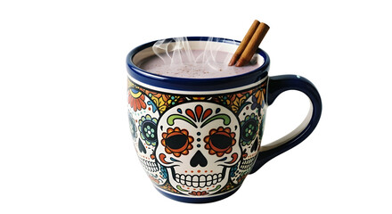 Day of the dead hot chocolate in a decorated mug with skull design, isolated on transparent background
