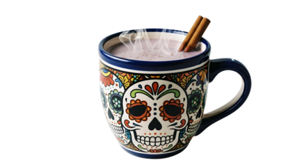 Day of the dead hot chocolate in a decorated mug with skull design, isolated on transparent background