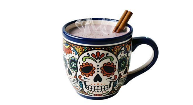 Day of the dead hot chocolate in a decorated mug with skull design, isolated on transparent background