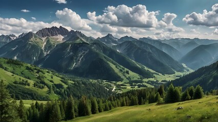 Obraz premium Breathtaking alpine mountain valley with lush greenery and dramatic peaks under a bright sky