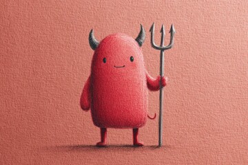 watercolor illustration of cute devil character with tiny horns and trident, pastel red background, minimal halloween figure