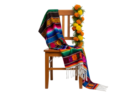 Day of the dead colorful serape draped over a wooden chair with marigold garland isolated on transparent background
