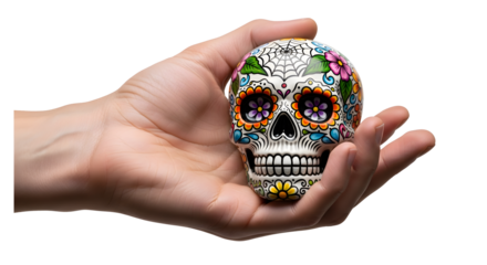 Day of the dead hand holding a decorated sugar skull isolated on transparent background