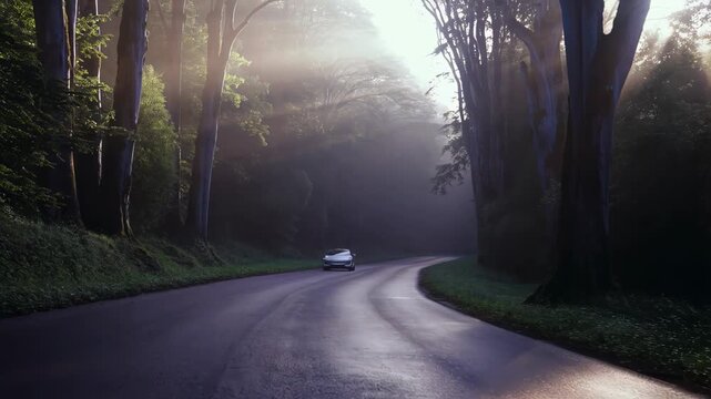 Electric car drives through a misty forest road at dawn, surrounded by tall trees and golden sun rays breaking through fog. Concept of clean mobility and atmospheric nature harmony
