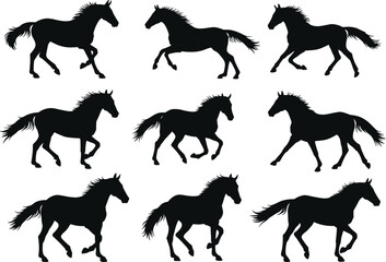 Horse running motion sequence in black silhouette style showing dynamic galloping stages for animation, design, biomechanics, and educational use