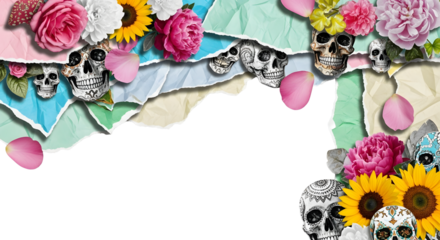 Day of the dead collage frame  of torn paper, flowers, and sugar skulls isolated on transparent background