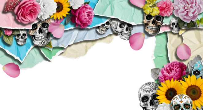 Day of the dead collage frame  of torn paper, flowers, and sugar skulls isolated on transparent background