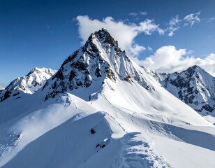 Snowy peak of a mountain range under a partly cloudy, sunny sky