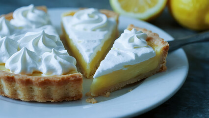 Slices of lemon tart with whipped cream on a white plate, accompanied by fresh lemons in the background.