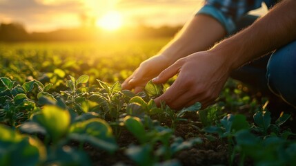 Fototapeta premium Sunset farming action agricultural field photography vibrant environment close-up view growth concept for sustainability