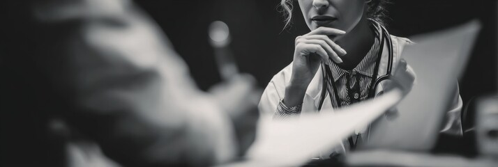 Fototapeta premium A healthcare provider listens intently, while another individual writes notes in a medical consultation, highlighting a serious discussion.