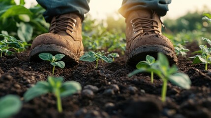 Obraz premium Gardening action in a fertile field boots on soil nature photography bright morning light close-up view sustainable practices