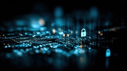 Visual representation of digital security featuring glowing locks amidst intricate data streams, emphasizing safety in a cyber space setting.