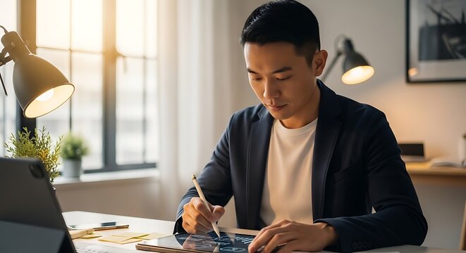 A focused Asian man working on a tablet with a stylus in a modern, sunlit home office.