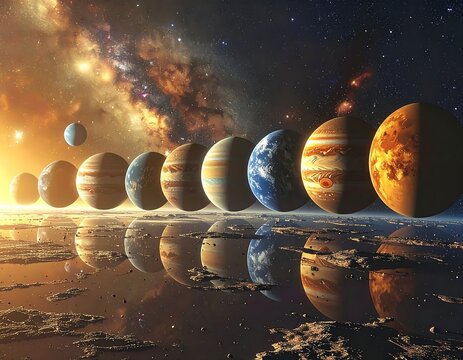 Solar System planets aligned against a backdrop of stars and nebulae