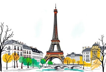 Whimsical sketch of Parisian landmarks, Eiffel Tower prominent, loose style, cityscape, design