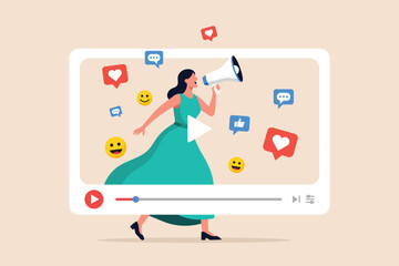 Woman in a teal dress speaking into a megaphone on a video player interface, surrounded by social media icons and emojis, representing online communication and engagement vector illustration