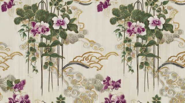 Floral arrangement with orchids and decorative clouds on a light background design pattern art seamless patterns backgrounds video