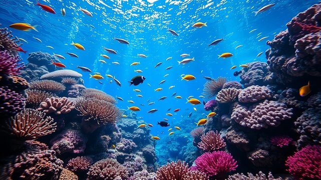 A vibrant underwater scene with colorful fish swimming among the coral reefs, creating a stunning display of marine life in the clear blue ocean waters below. - Powered by Adobe
