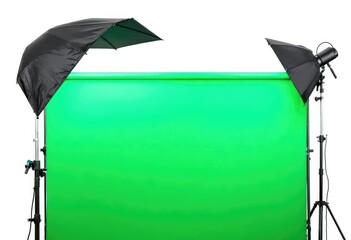 Green screen backdrop with lighting and umbrellas