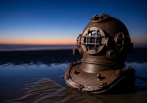 Vintage Copper Diving Helmet Washed Ashore on Beach at Sunset