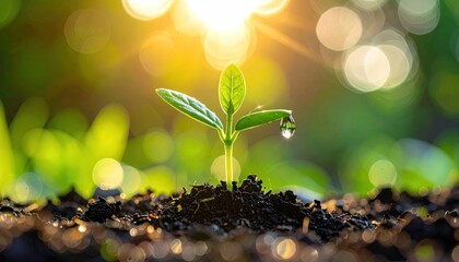 A Sprouting Plant Emerges From Rich Soil Bathed In Warm Golden Hour Sunlight With Soft Bokeh Background Lighting And A Dew Drop On A Leaf.