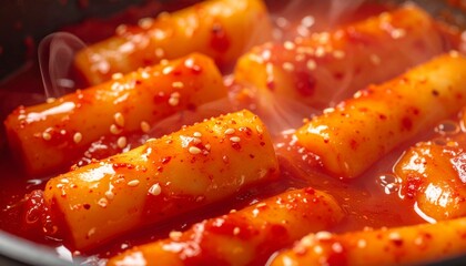 Steaming hot tteokbokki with spicy gochujang sauce for an authentic taste of Korean street food