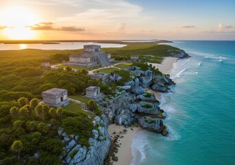 Panoramic view of Tulum ruins on cliffside, Mexico, at golden sunset