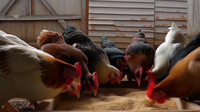 Group of hungry hens of mixed breeds eagerly peck grains from wooden feeder on dusty farm ground, old wooden barn in the background. Concept of authentic rustic agriculture