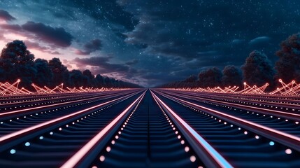 The image shows an endless digitally created landscape of railway tracks under a starry night sky, flanked by trees with glowing orange accents.