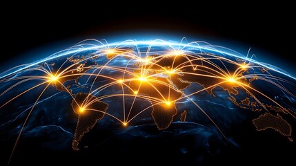 The image portrays a vibrant global network with glowing lines connecting various points on a world map, symbolizing interconnectedness in a tech-forward digital age.