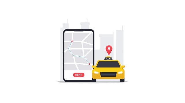 4k Phone with Navigation Map, Taxi Car. Rent a Taxi Concept Animation Video