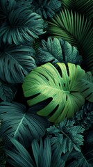 Fototapeta premium Lush tropical rainforest foliage with vibrant monstera and palm leaves creating a dense, layered green botanical landscape of exotic natural textures