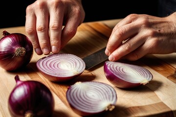 Close up of hands chopping a red onion