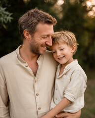 Fototapeta premium Dad and Son Laughing Together During Weekend Outdoors