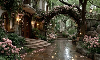 Obraz premium Magical archway covered with cascading flowers and soft pink petals scattered across the cobblestone path