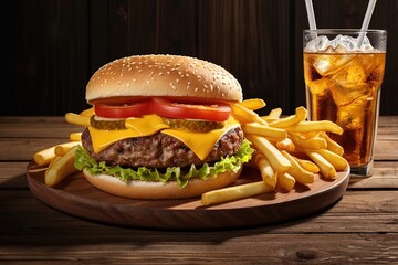 Delicious double cheeseburger with fries