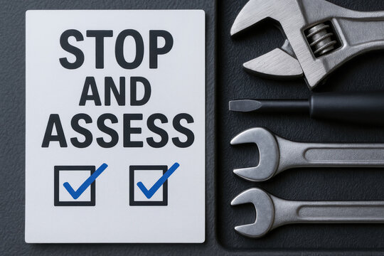 Stop assess accident prevention safety checklist on workshop card with wrench screwdriver and adjustable spanner