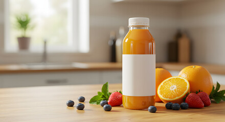 Juice bottle mockup surrounded by fresh fruits on wooden kitchen table with warm daylight for natural branding