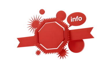 Red abstract badge with gears and info bubble isolated on transparent background