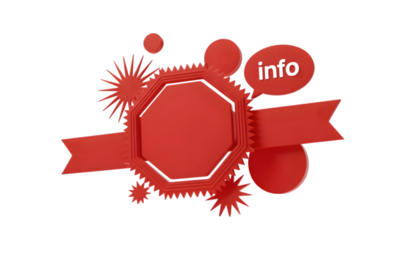 Red abstract badge with gears and info bubble isolated on transparent background - Powered by Adobe