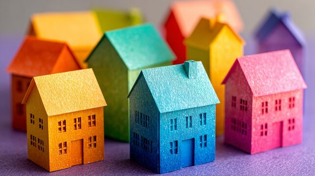 Vibrant miniature houses in rainbow colors showcase architectural diversity, symbolizing community, creativity, and the unique character of individual homes.