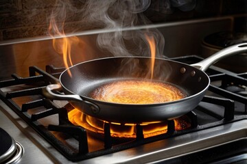 Frying pan on a gas stove with flames