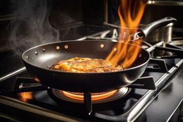 Frying pan on a gas stove with flames